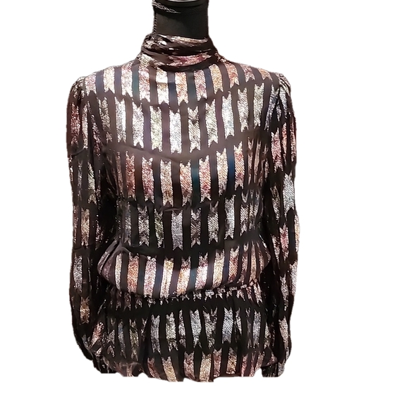Topshop Womens Black Shimmer Multi Colored Sheer Tie Neck Blouse Size 10 - Picture 5 of 6